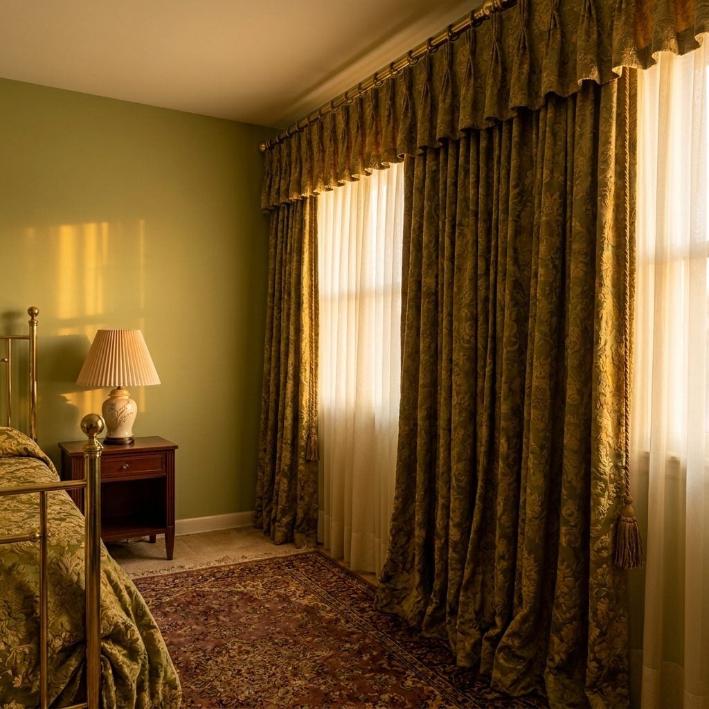 Heavy Brocade Drapes with Pull Cords That Could Anchor a Small Boat