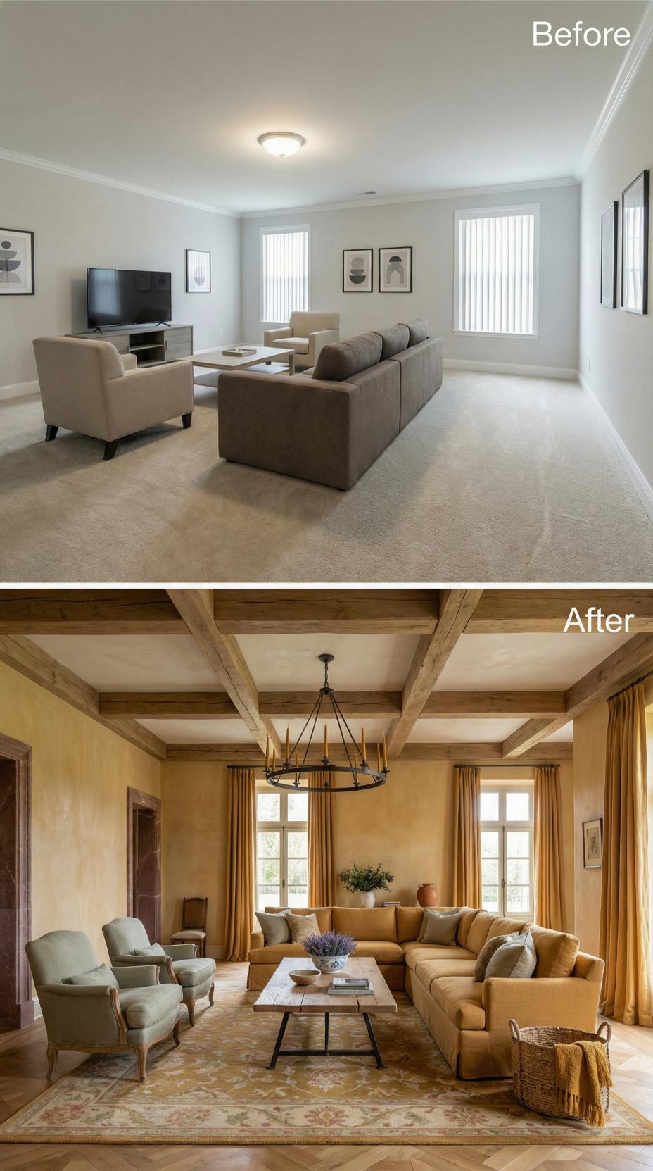 Exposed Wood Ceiling Beams and an Iron Chandelier Closed the Drywall File