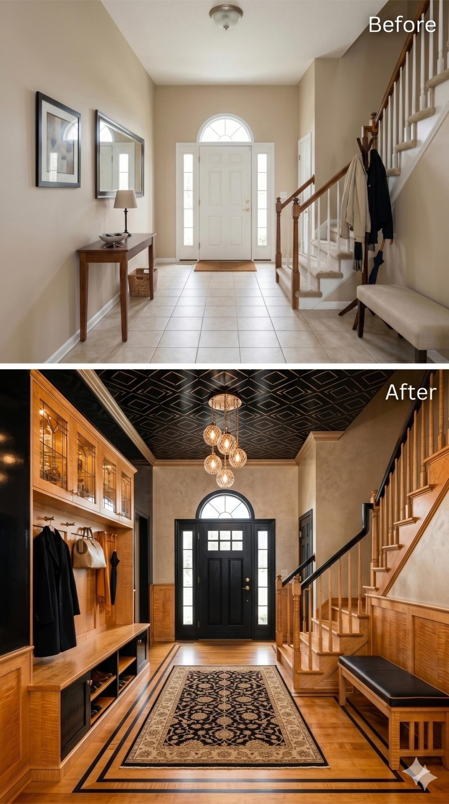 Black Diamond Ceiling Tiles, Honey Oak Built-Ins, and a Globe Pendant Cluster Demand Attention