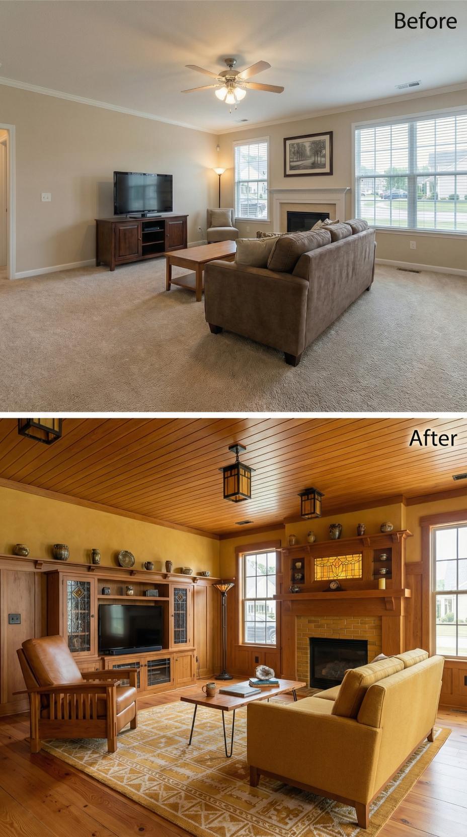 Oak Built-Ins and a Wood-Plank Ceiling Swap Beige Carpet for Arts and Crafts Warmth