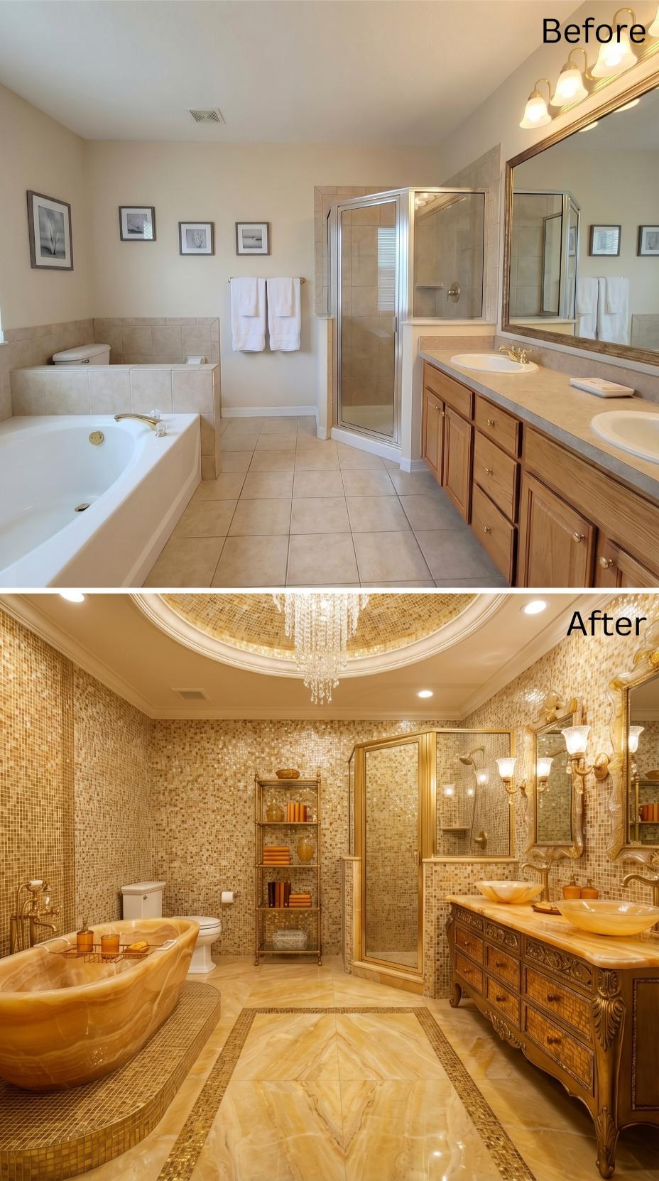 Gold Mosaic Walls, an Onyx Freestanding Tub, and a Crystal Chandelier Recessed Into a Coffered Dome