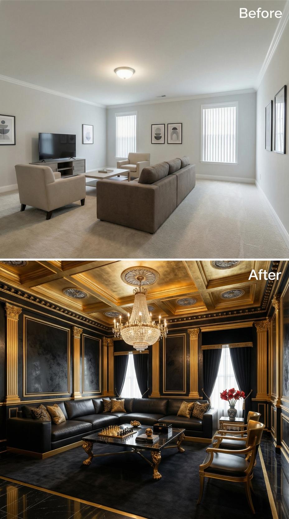 Gold Leaf Coffered Panels and Black Leather Buried Carpet Without a Second Thought