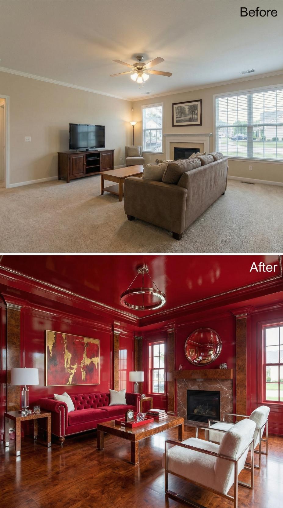 Crimson Lacquer Ceiling and Tufted Velvet Sofa Bury Beige Carpet Under High-Gloss Drama
