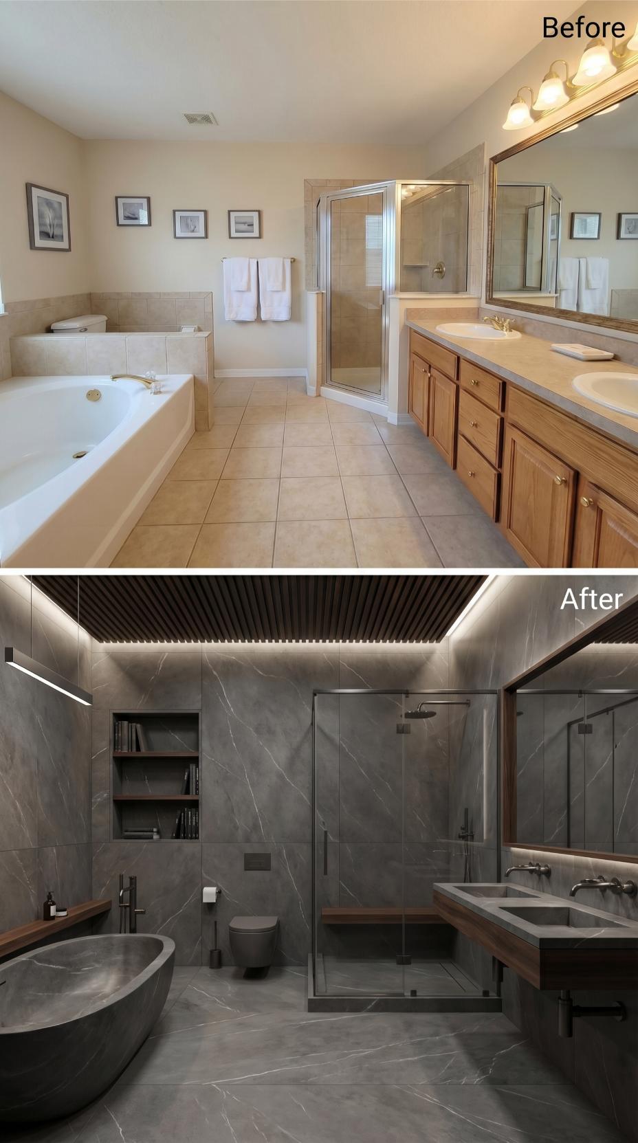 Dark Sinai Marble, Slatted Wood Ceiling, and a Concrete Freestanding Tub That Replaced the Oak