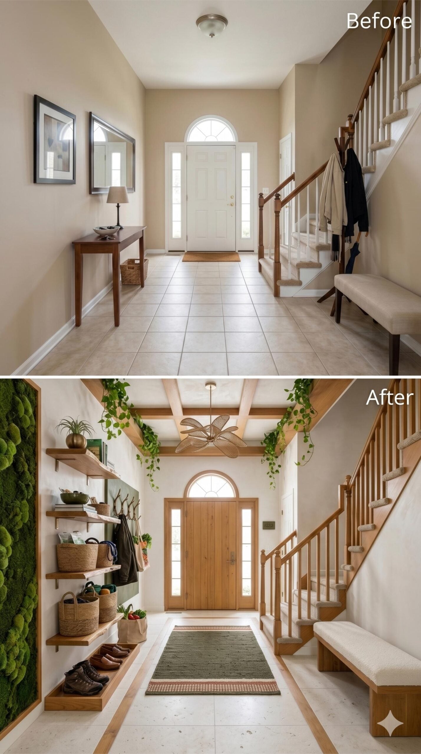 Exposed Oak Beams, a Moss Wall, and Trailing Ivy Give a Foyer Real Roots