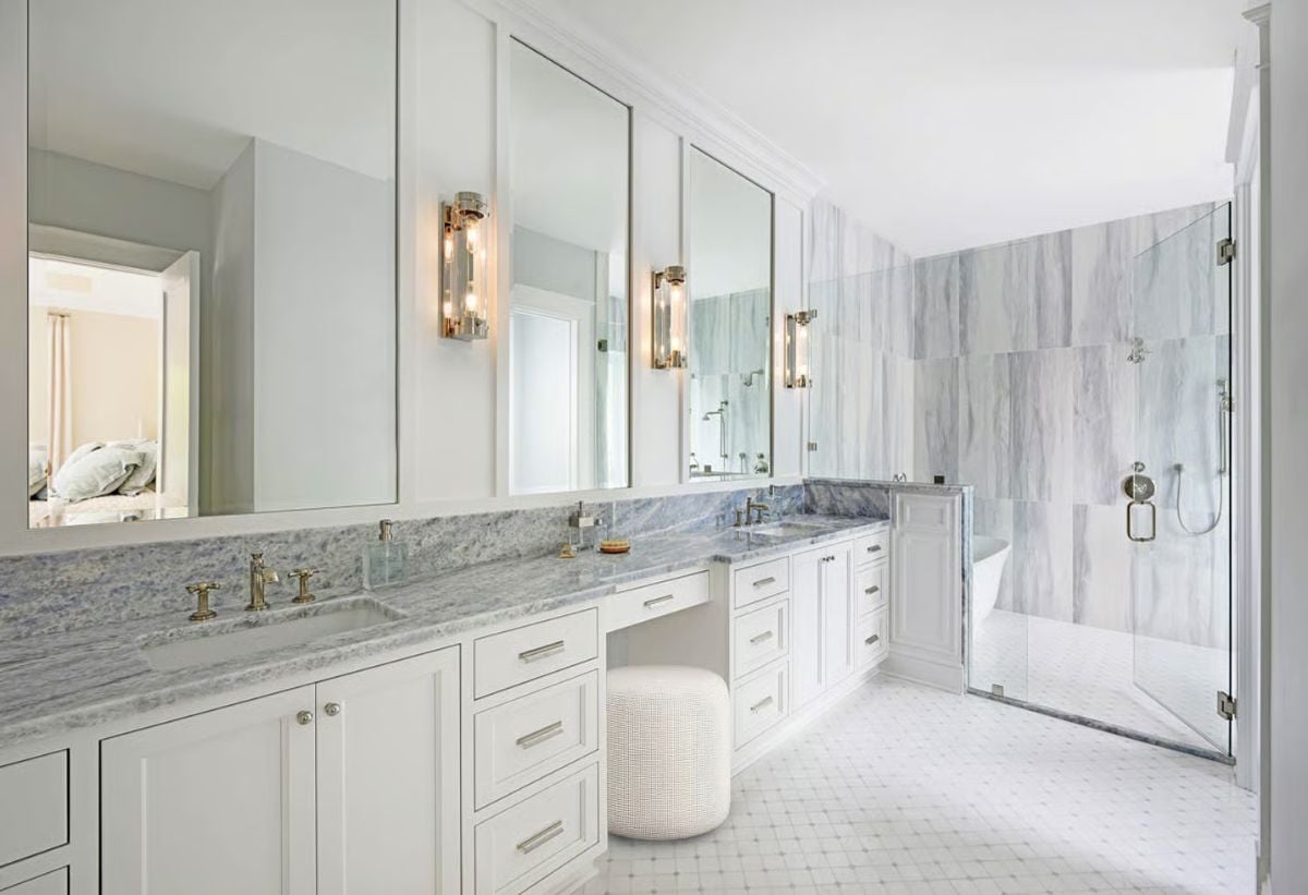 Marble Counters and Polished Nickel Fixtures Carry a Primary Bath Into Luxury