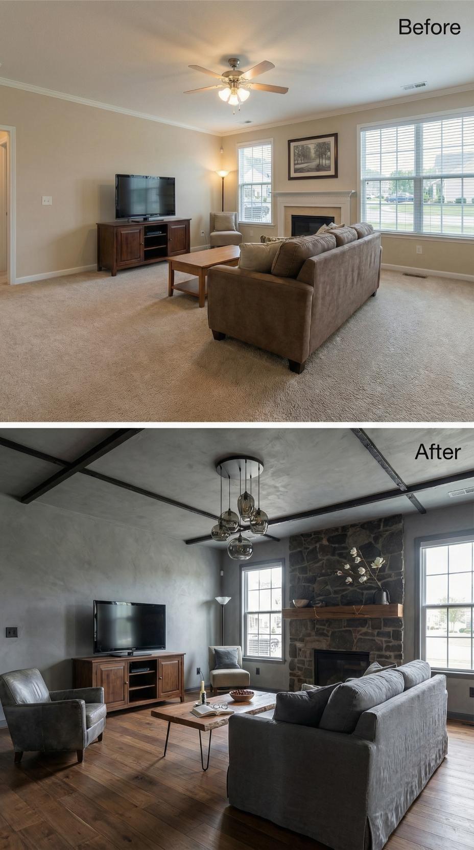 Stone Fireplace Surround and Cross-Beam Ceiling Bury Beige Carpet Under Industrial Weight