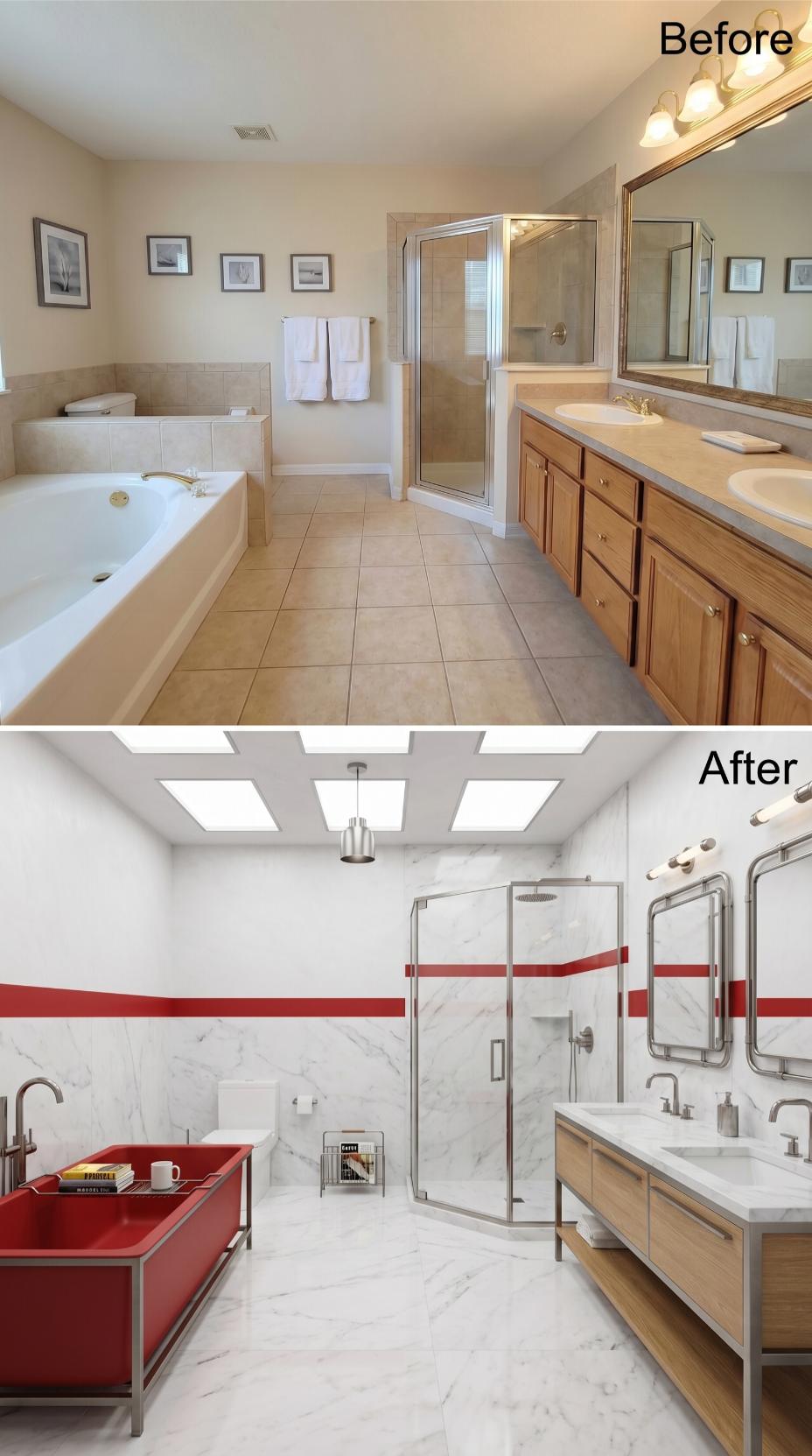 Red Soaking Tub, Carrara Wall Panels, and Brushed Nickel Vanity That Retired the Oak Cabinets