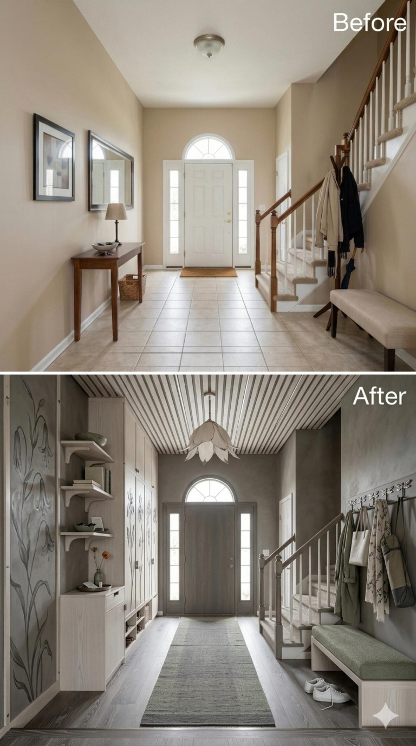 Grey Plaster Walls, Botanical Ceiling Panels, and Built-In Shoe Cubbies Make Storage Disappear Into Architecture