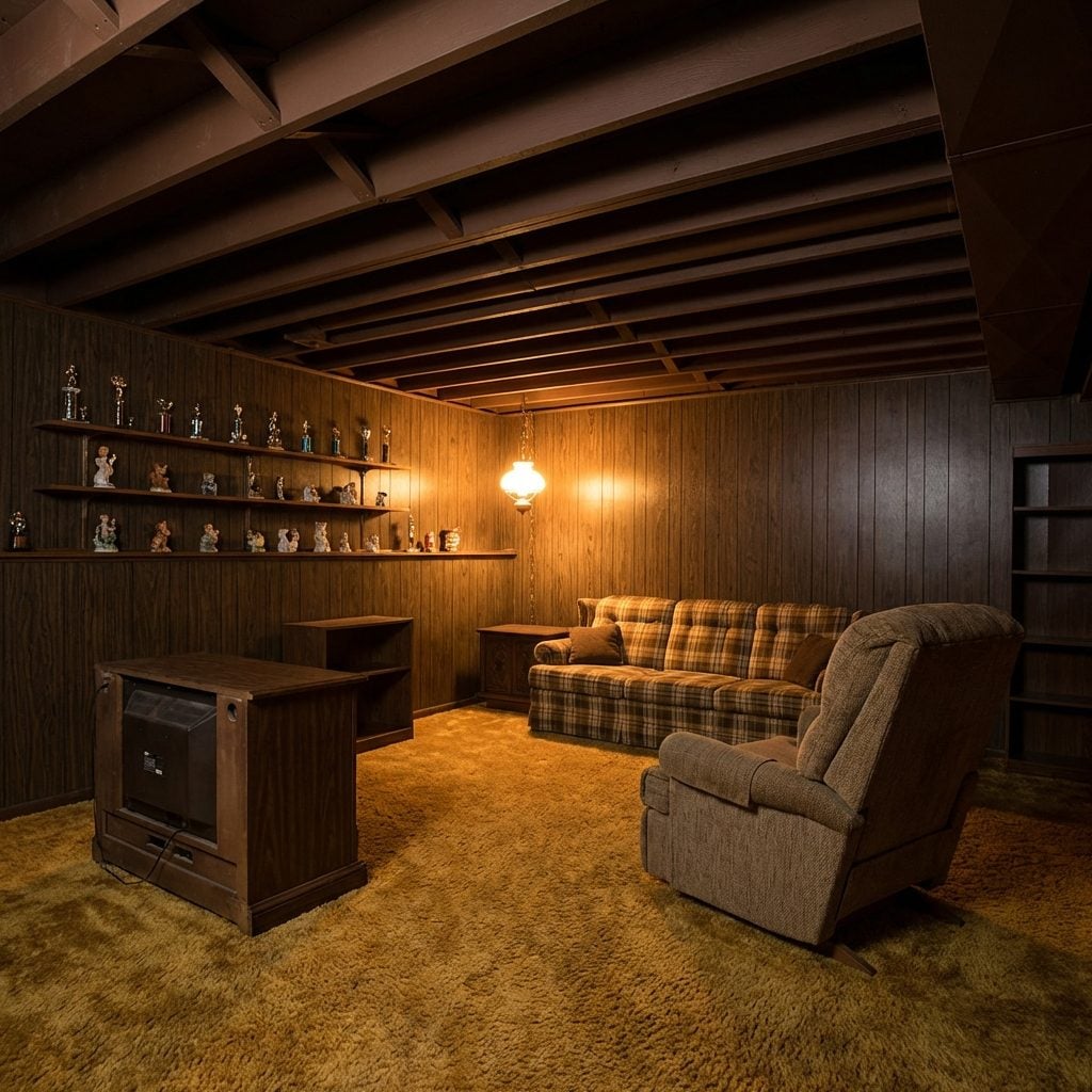 Exposed Beams Painted Dark Brown to Blend In with Everything Else That Was Also Dark Brown