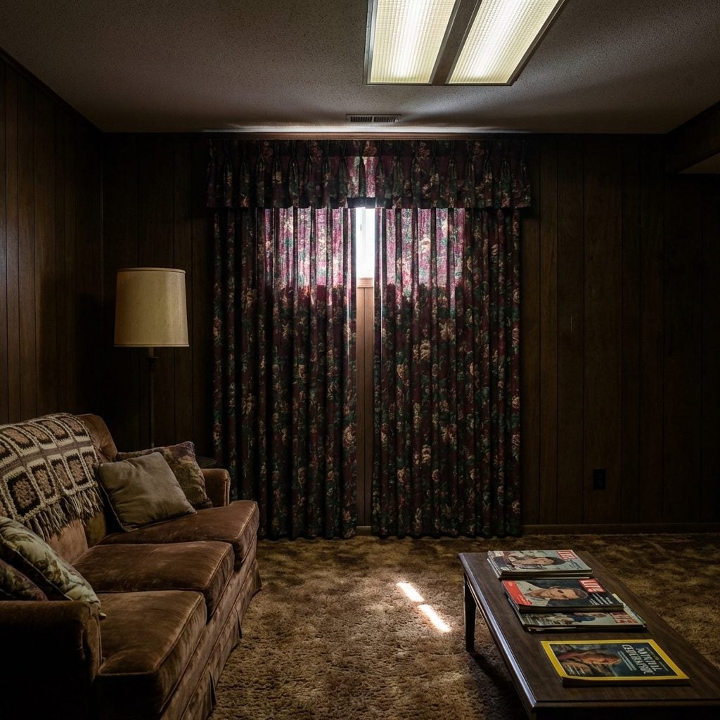 Heavy Curtains Over Tiny Basement Windows, Blocking the Small Amount of Natural Light That Was Trying to Help