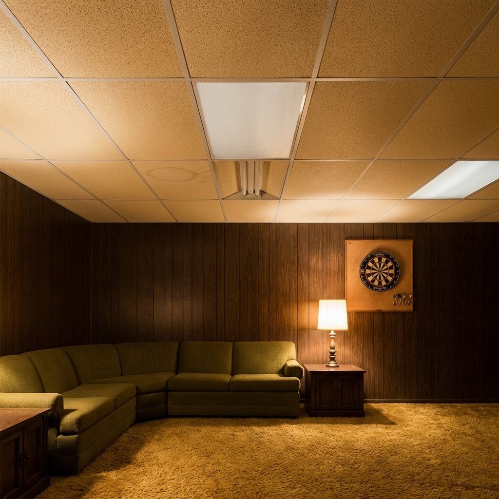 Drop Ceiling with Yellowing Foam Tiles and at Least Two Replacement Squares That Didn't Quite Match