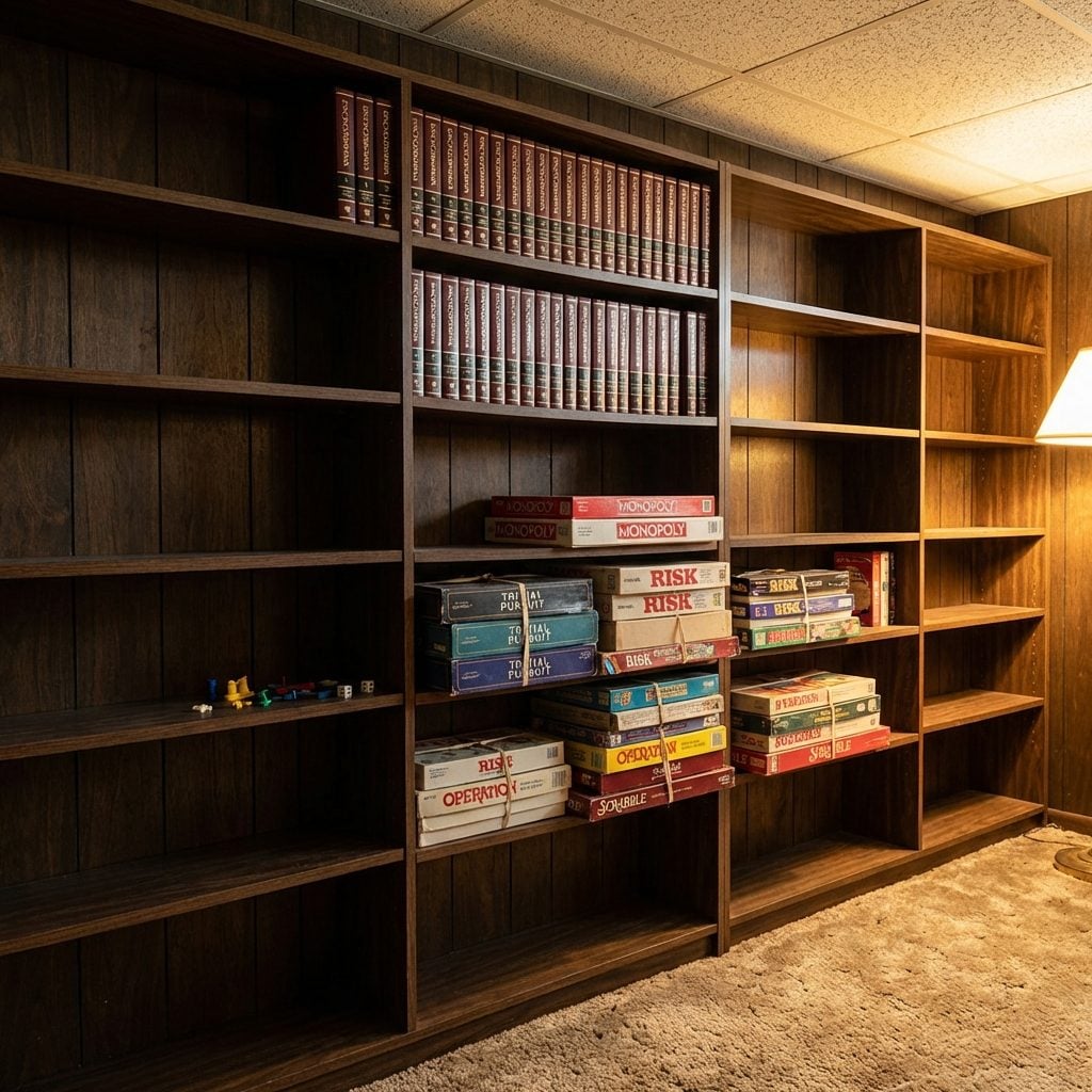 The Built-In Shelves Holding Every Board Game Ever Owned Plus an Encyclopedia Set Nobody Touched After 1987