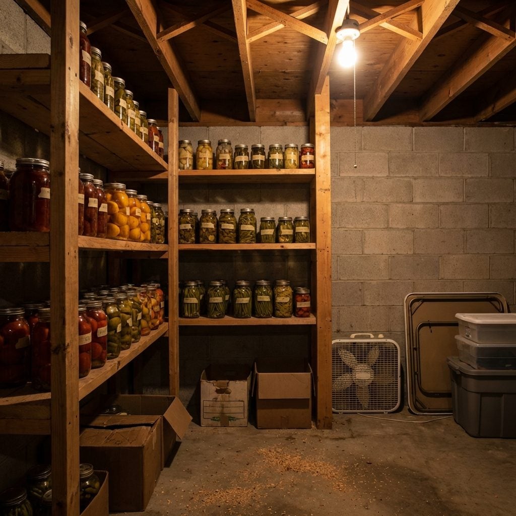 The Storage Shelves Built From Two-by-Fours Holding Mason Jars From a Canning Project That Peaked in 1979