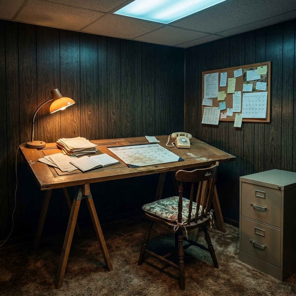 The Basement Office Assembled From Every Piece of Furniture That Couldn't Fit Anywhere Else in the House