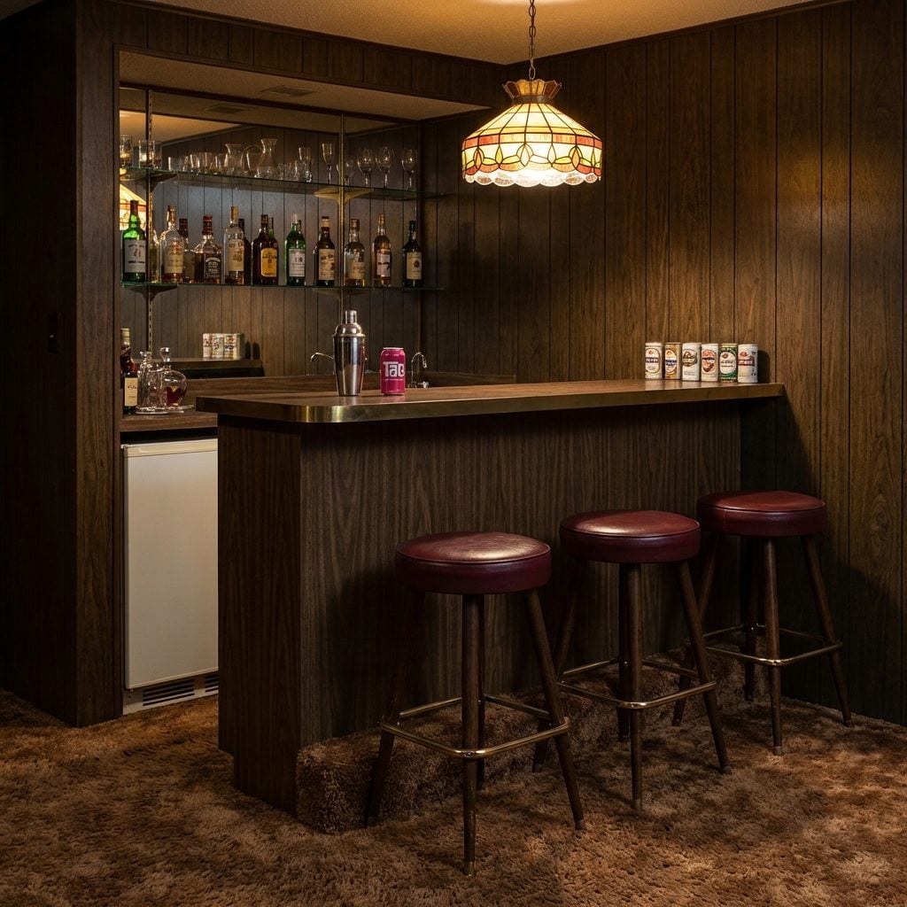 The Full Built-In Wet Bar with a Mirrored Backsplash, Vinyl Bar Stools That Stuck to Your Legs, and a Mini Fridge Stocked Mostly with Beer and Tab