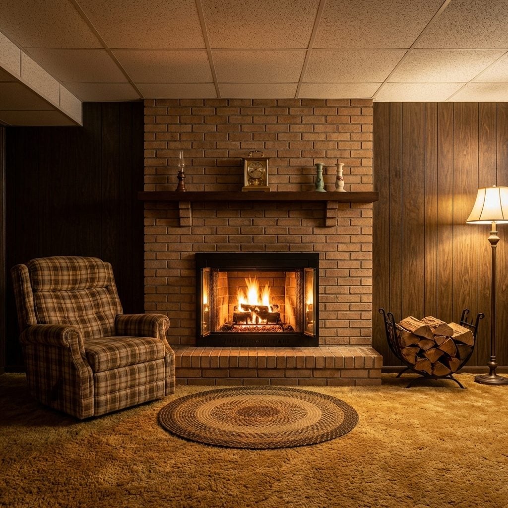 The Wood-Burning Fireplace (or Pellet Stove) That Anchored the Whole Room Like It Was the Main Event