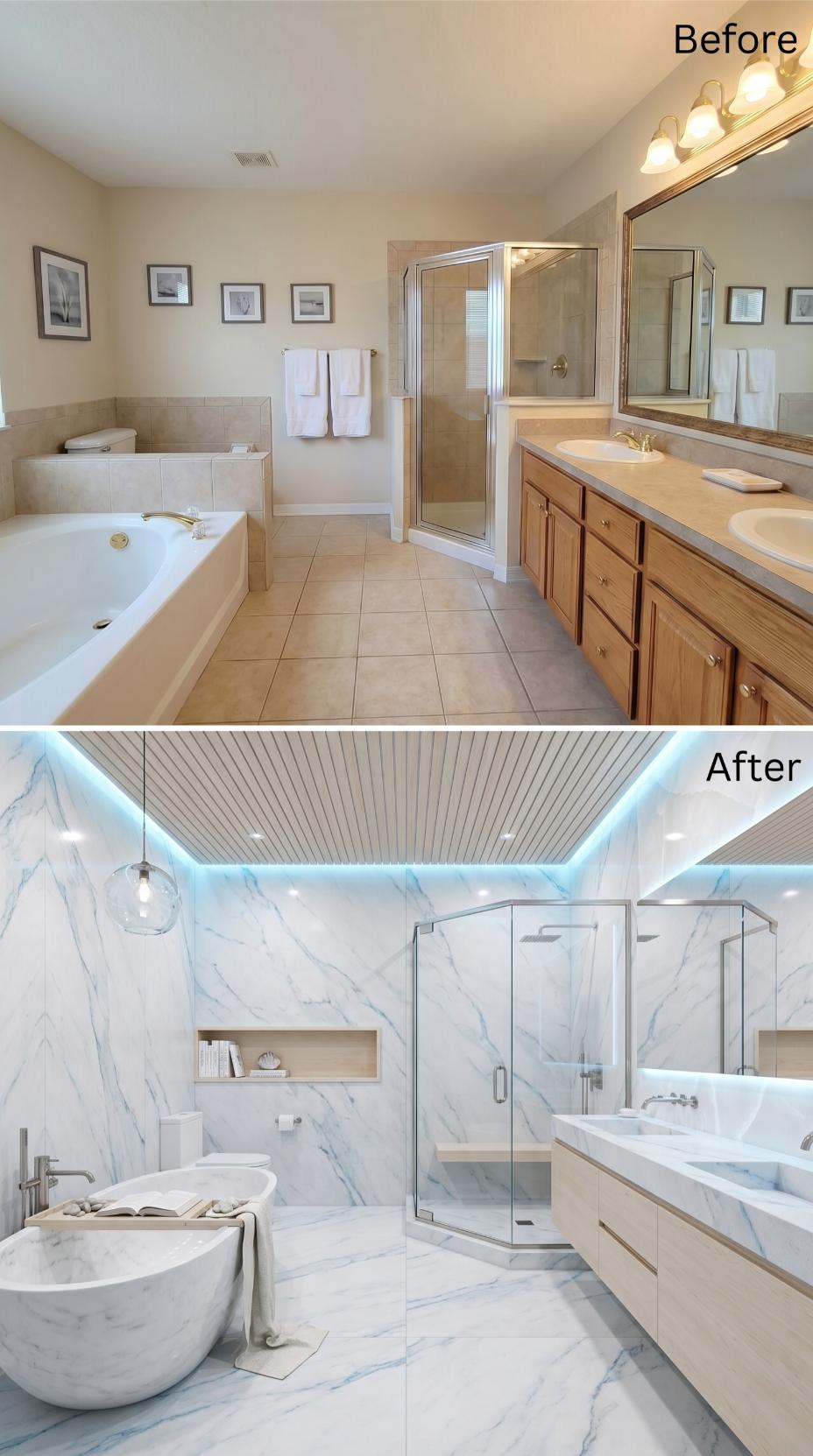Marble Freestanding Tub, Slatted Wood Ceiling, and LED Cove Lighting That Retired the Beige