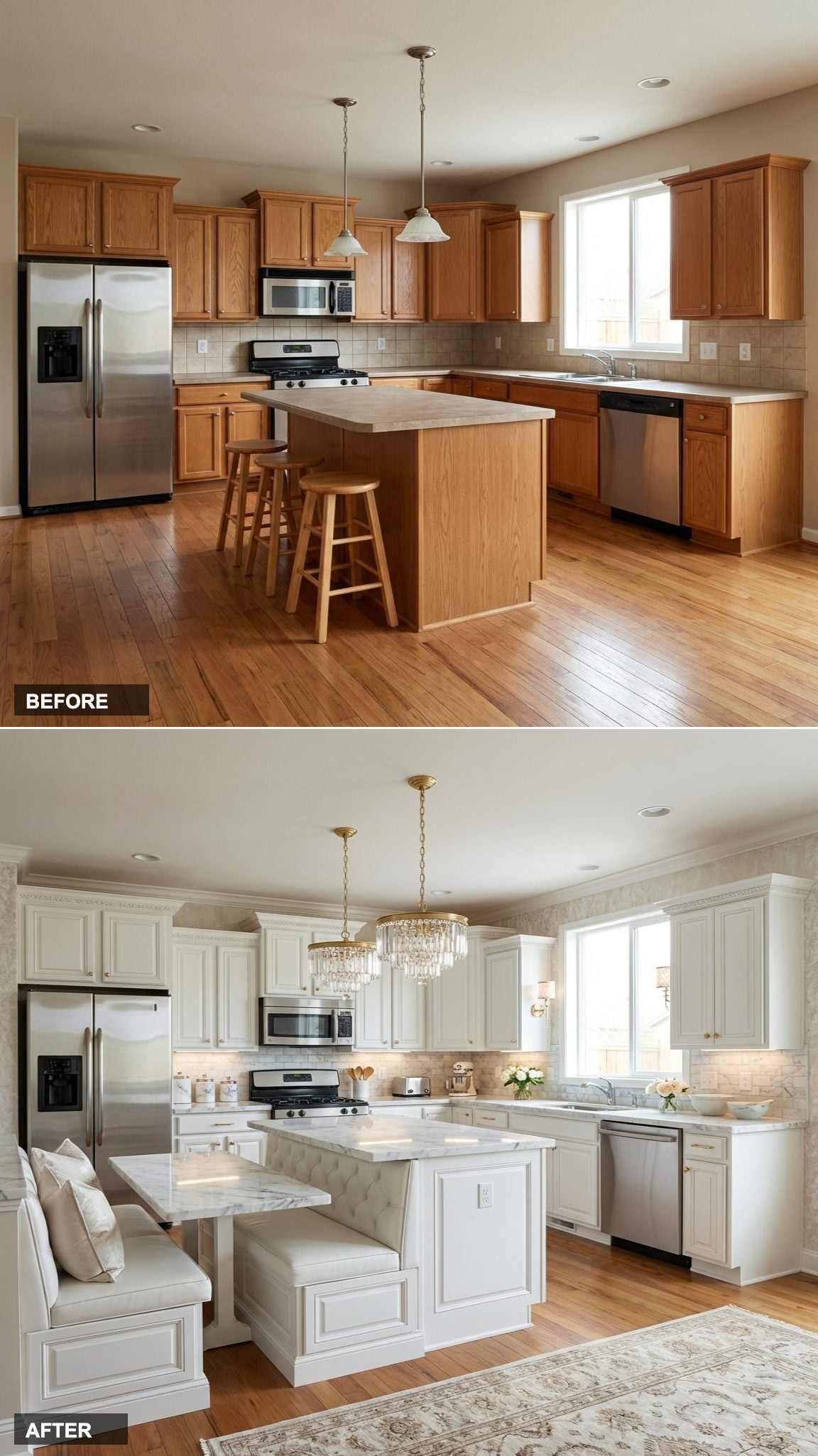 Low-Ceiling Box to a Dramatic Black and Gold Kitchen with Vertical Cabinet Drama