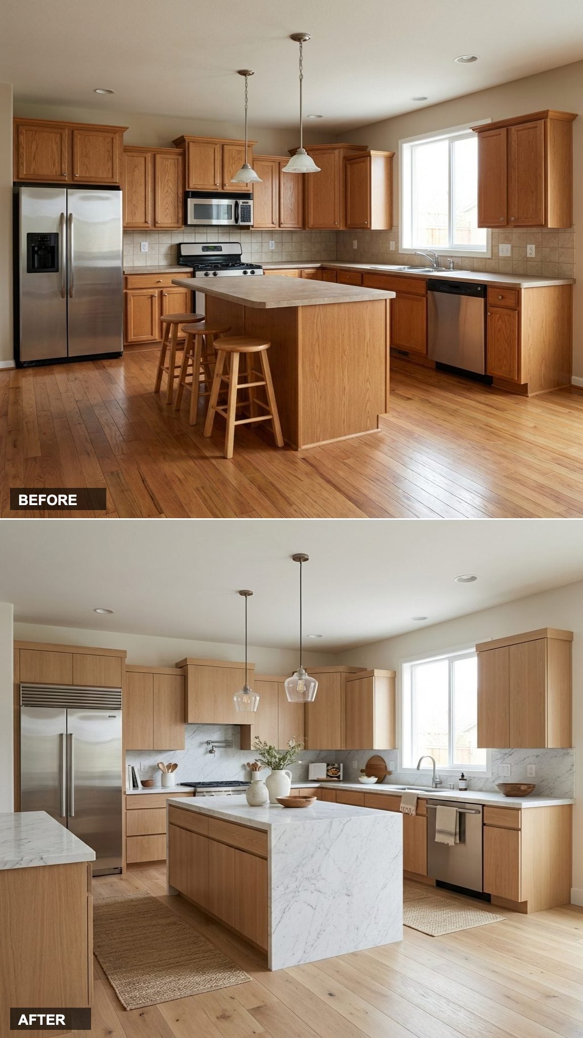 Orphaned Awkward Layout to a Transitional Kitchen with Double Islands and Smart Storage