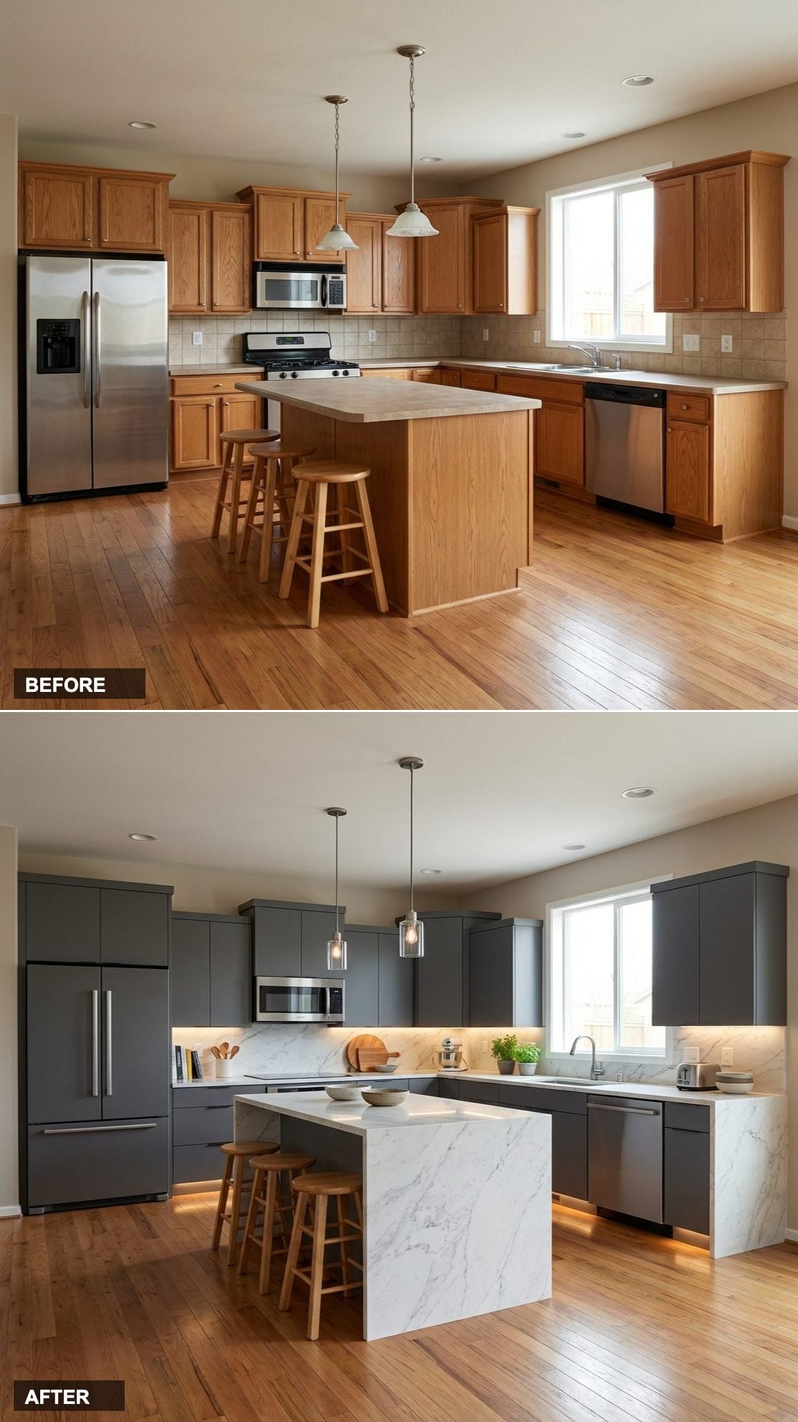 Oak Cabinets Out, Slate Gray Shaker Panels and Marble Waterfall Island In