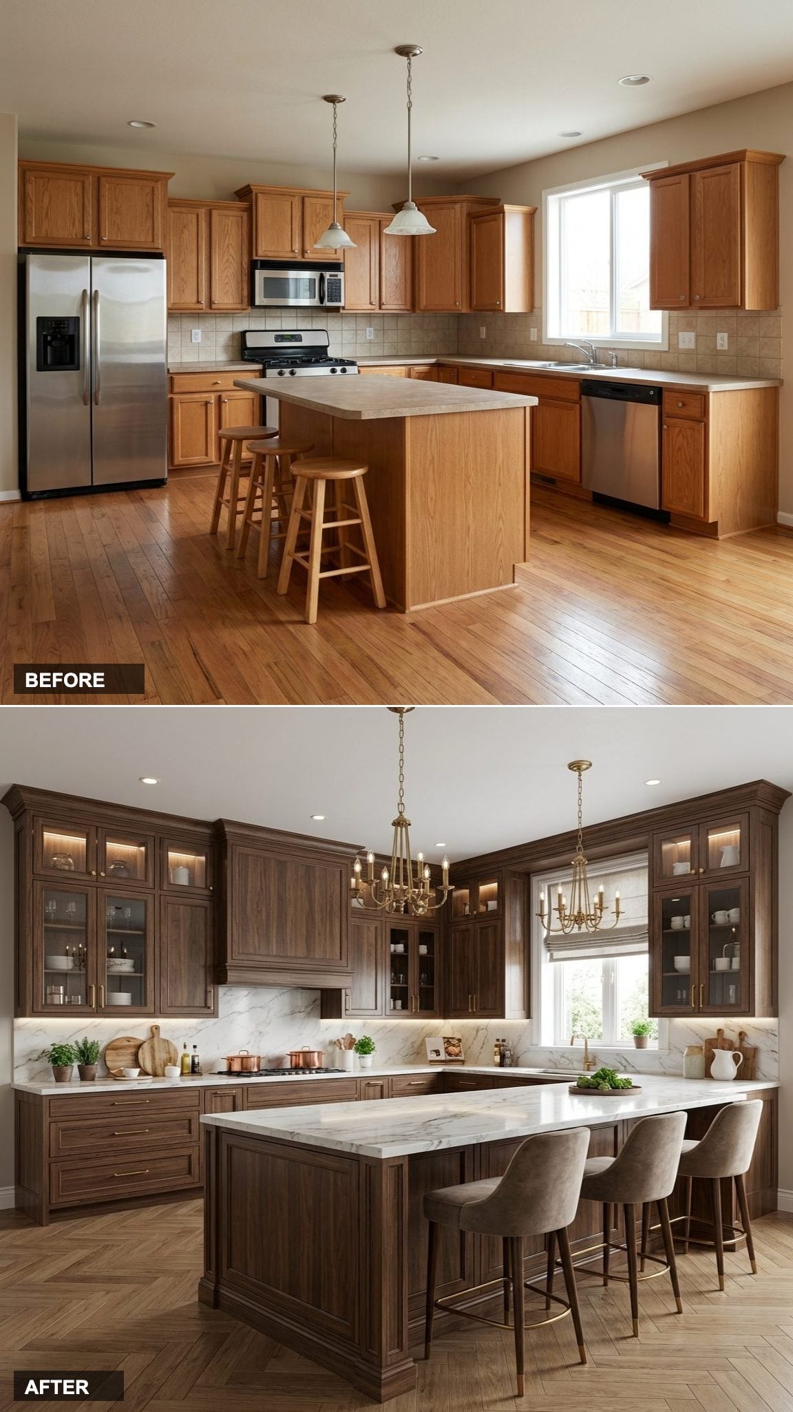 Fluorescent-Lit Food Cave to Warm Walnut and Concrete Open-Plan Kitchen