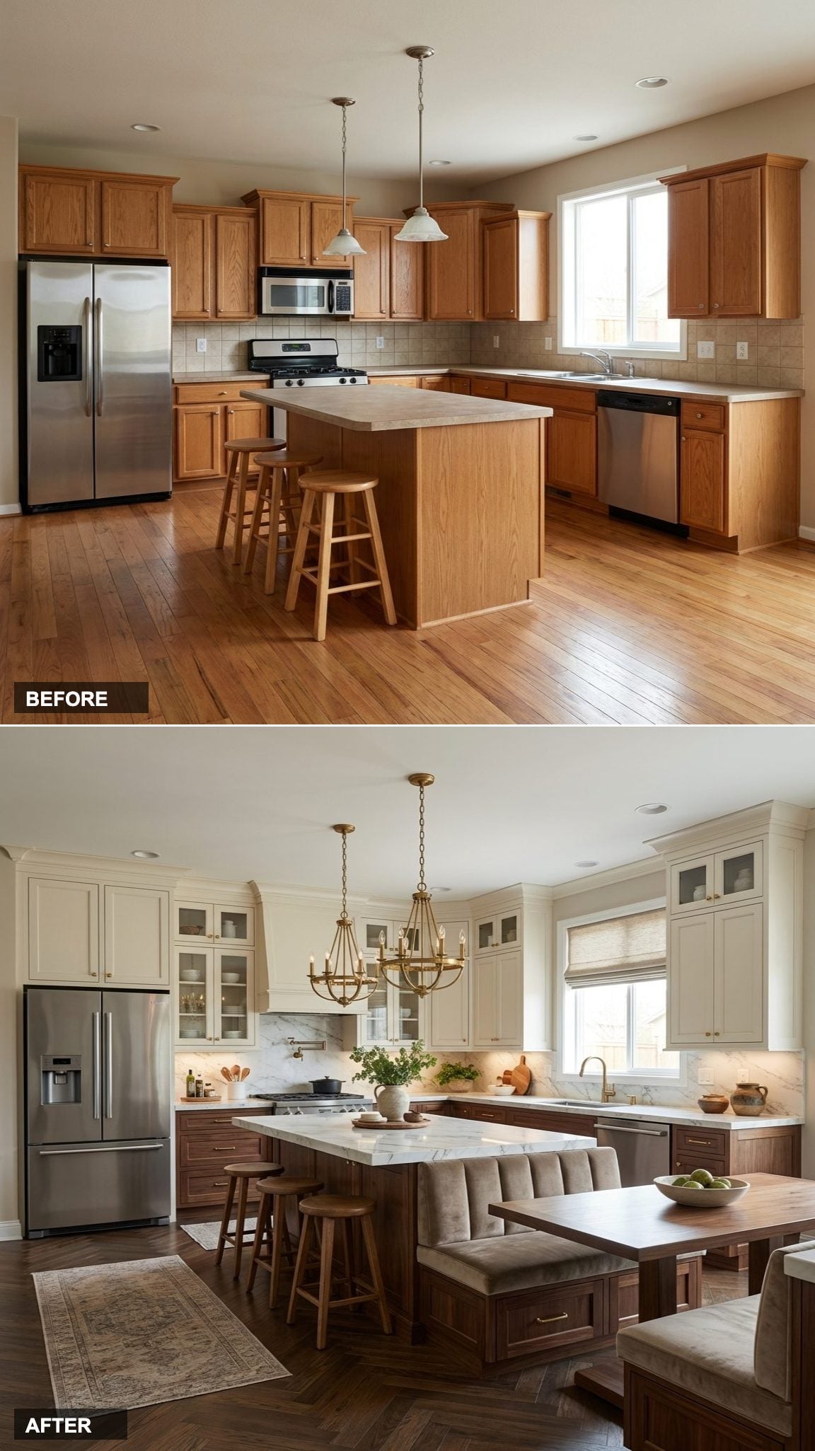 Two-Tone Walnut and Ivory Cabinets Swap Out Oak With a Marble Island Upgrade