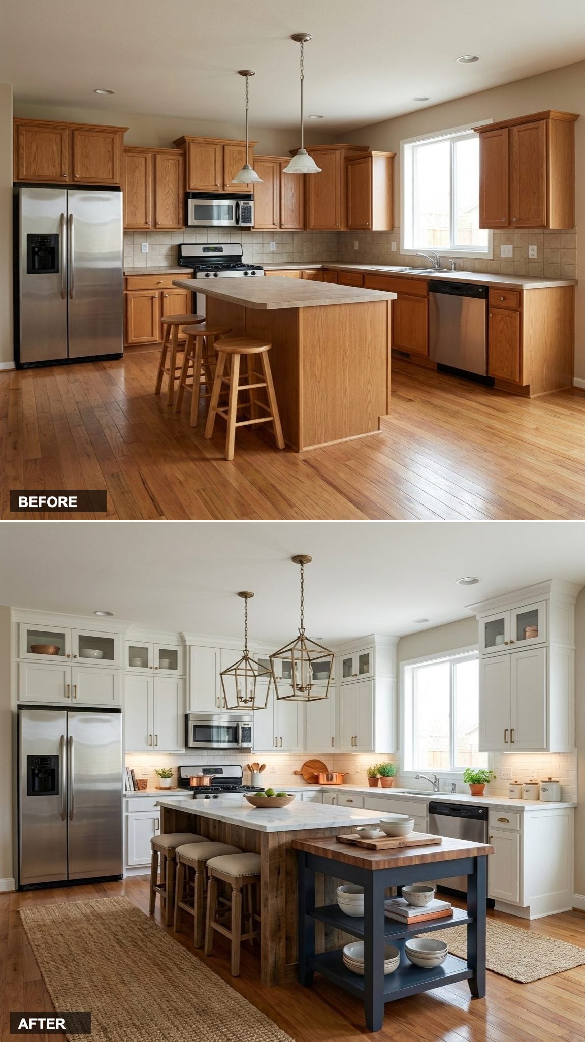 Laminate Wasteland to a Two-Tone Green and Cream Kitchen with Waterfall Island
