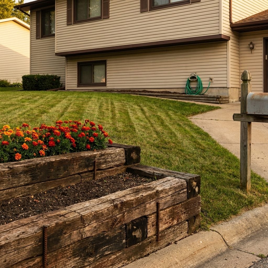 Railroad Ties Stacked Like Lincoln Logs for Every Retaining Wall in the Neighborhood