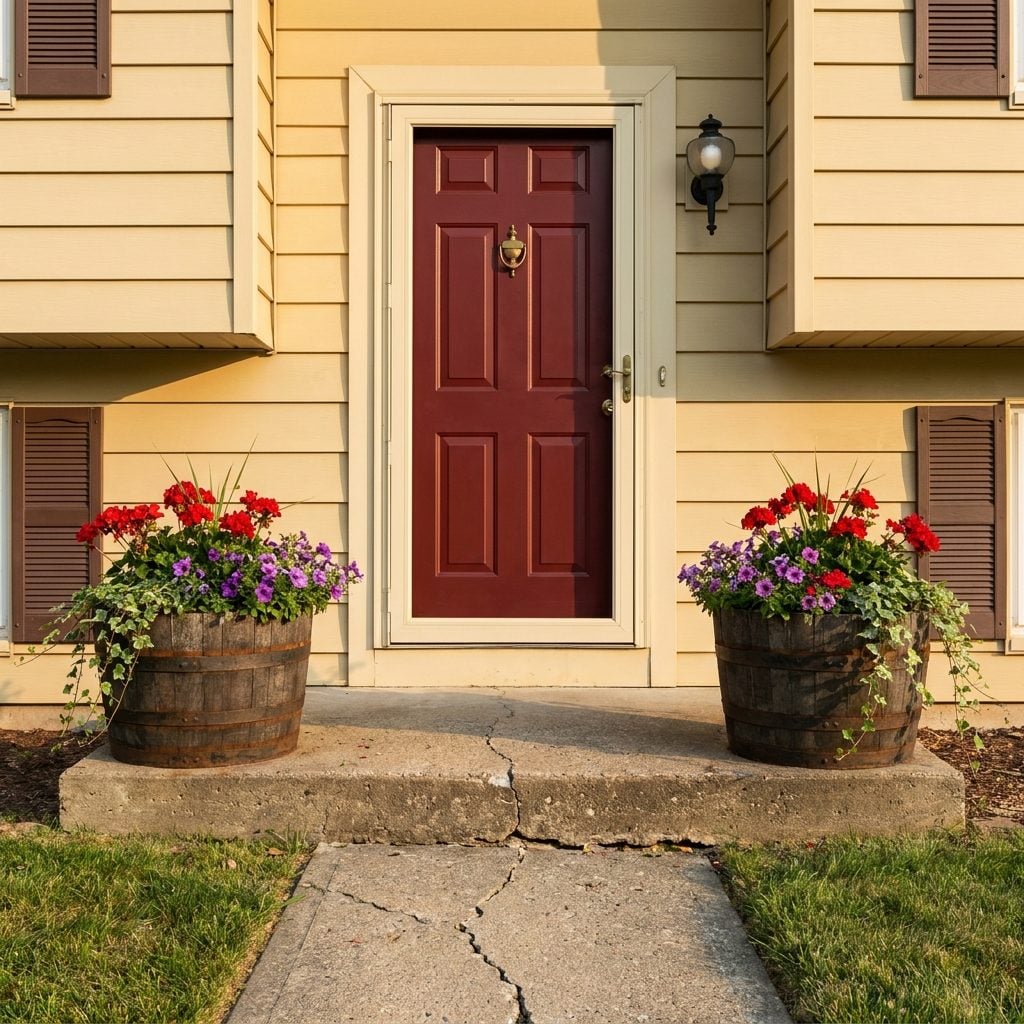 Whiskey Barrel Planters Standing Guard on Either Side of the Front Door