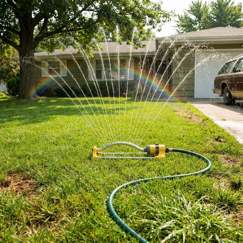 The Oscillating Sprinkler Doing Its Slow, Hypnotic Sweep Across the Front Lawn