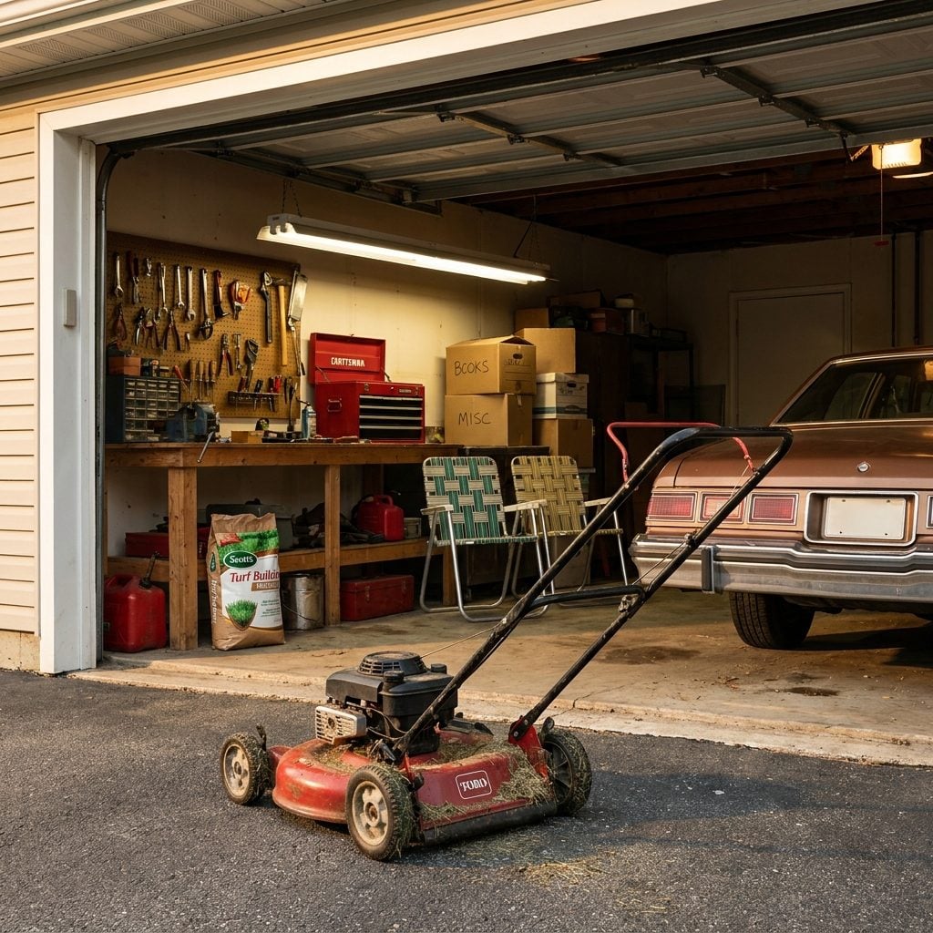 The Push Mower Sitting in an Open Garage Like It Owned the Place