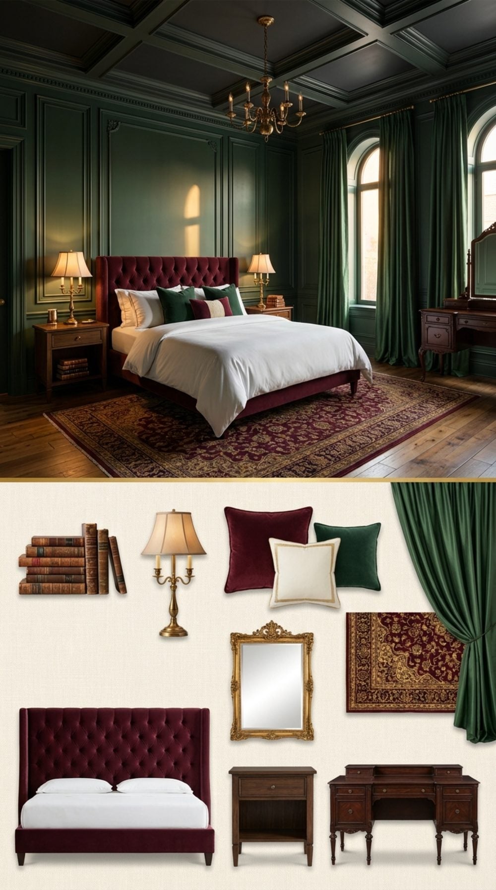 Moody Victorian Sanctuary with Forest Green Paneling and Antique Gold Accents