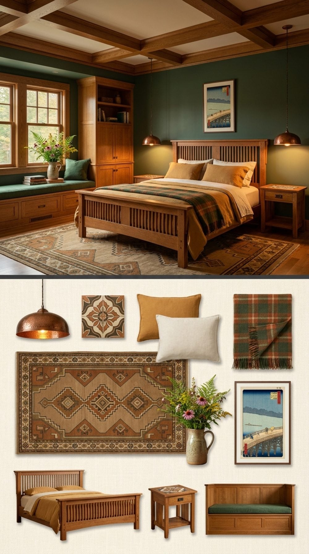 Moody Craftsman Bedroom in Hunter Green, Quarter-Sawn Oak, and Hammered Copper