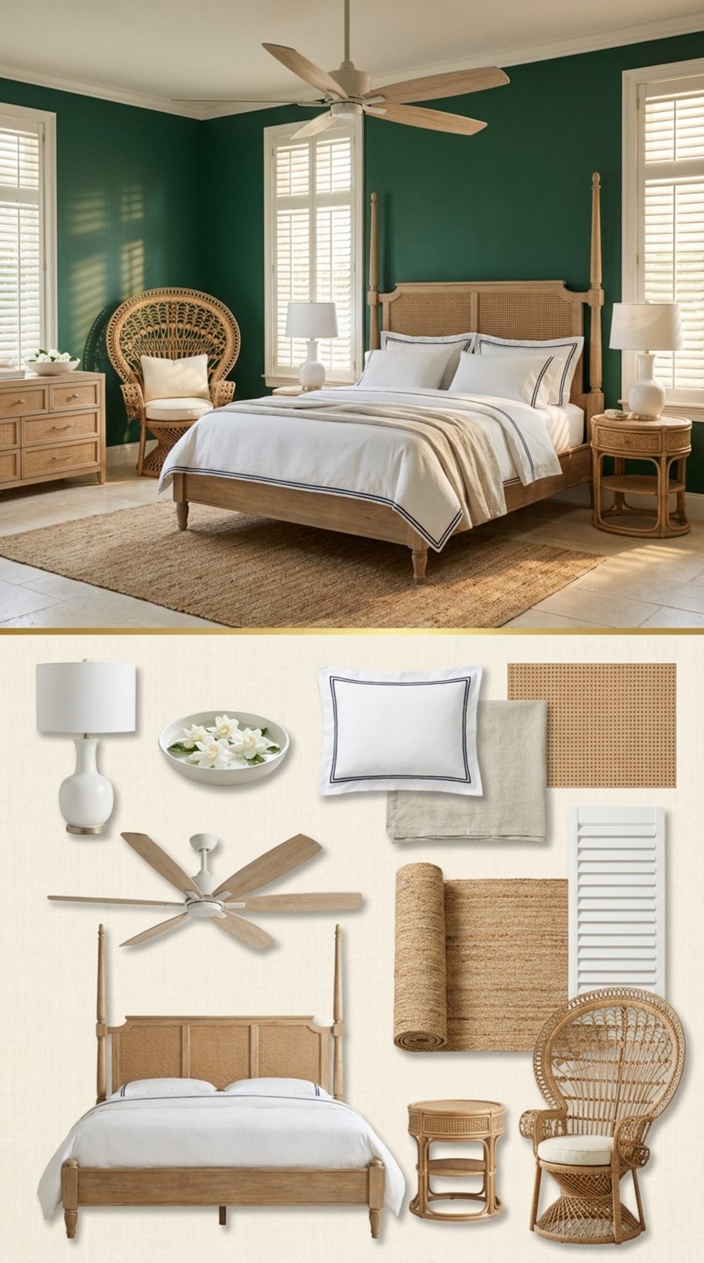 French Colonial Bedroom Where Deep Malachite Walls Frame Rattan, Linen, and Bleached Teak