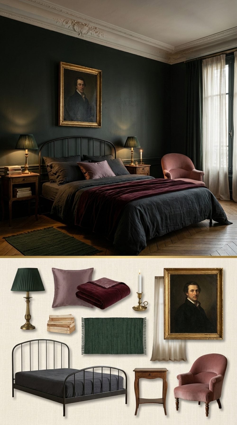 Romantically Dark Parisian Bedroom in Noir Green, Velvet, and Aged Plaster