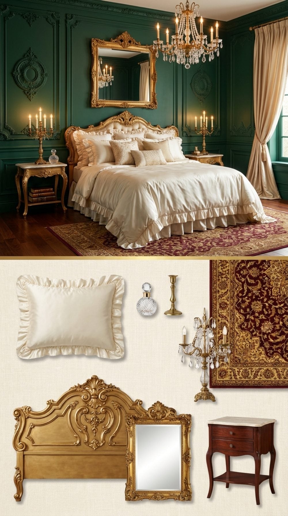 Gilded Maximalist Bedroom Where Dark Emerald Walls Meet Baroque Gold Mirrors and Ruffled Silk Bedding