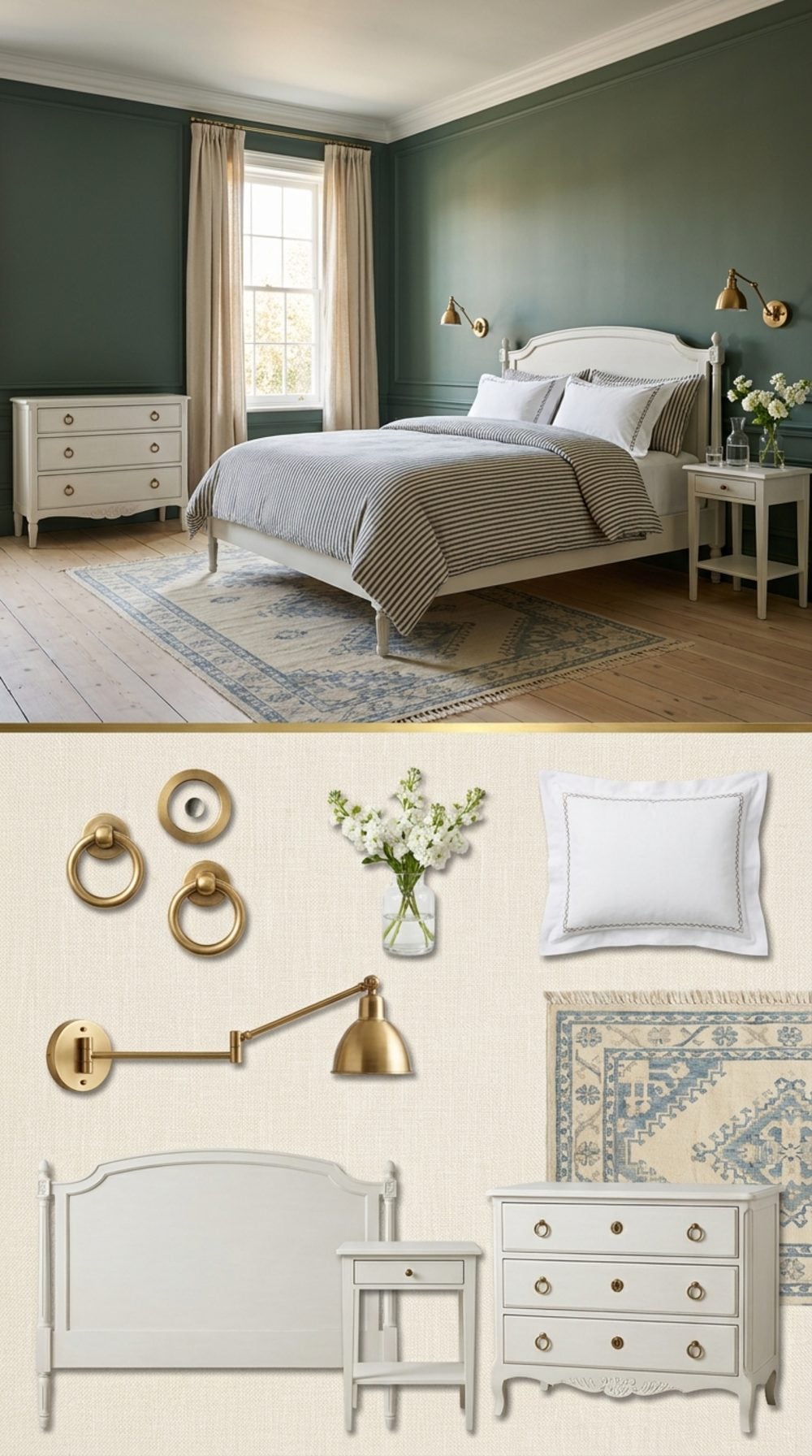 Swedish Gustavian Bedroom in Bottle Green with Painted White Furniture and Ticking Stripe Linens