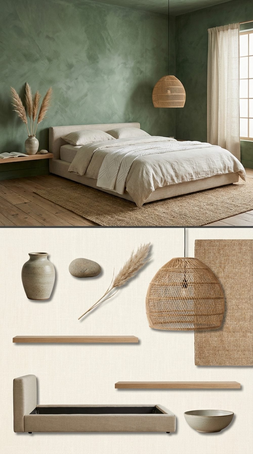 Japanese Wabi-Sabi Master Bedroom with Moss Green Limewash Walls and Natural Linen Platform Bed
