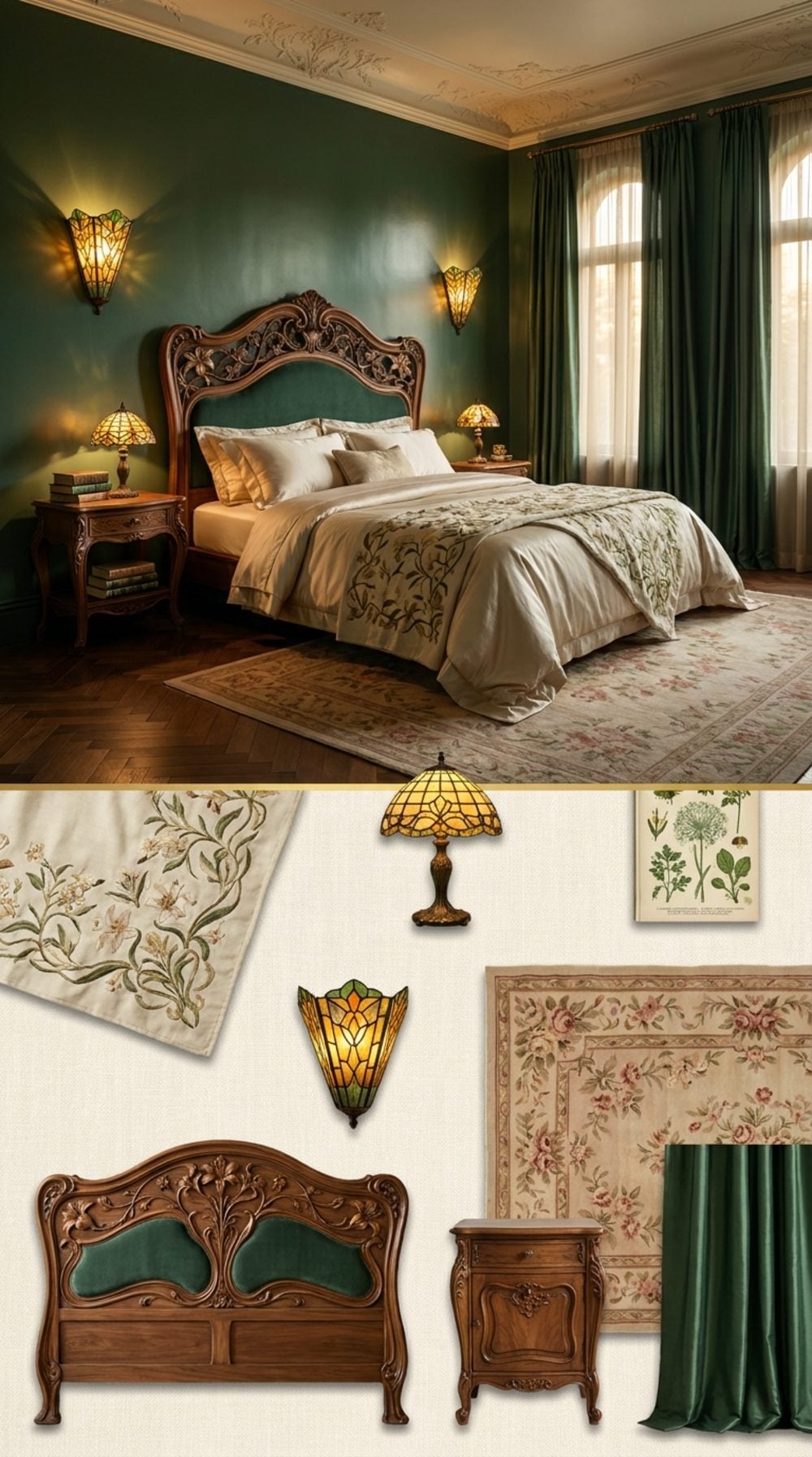 Art Nouveau Bedroom in Deep Viridian with Sinuous Carved Wood Headboard and Stained Glass Sconces