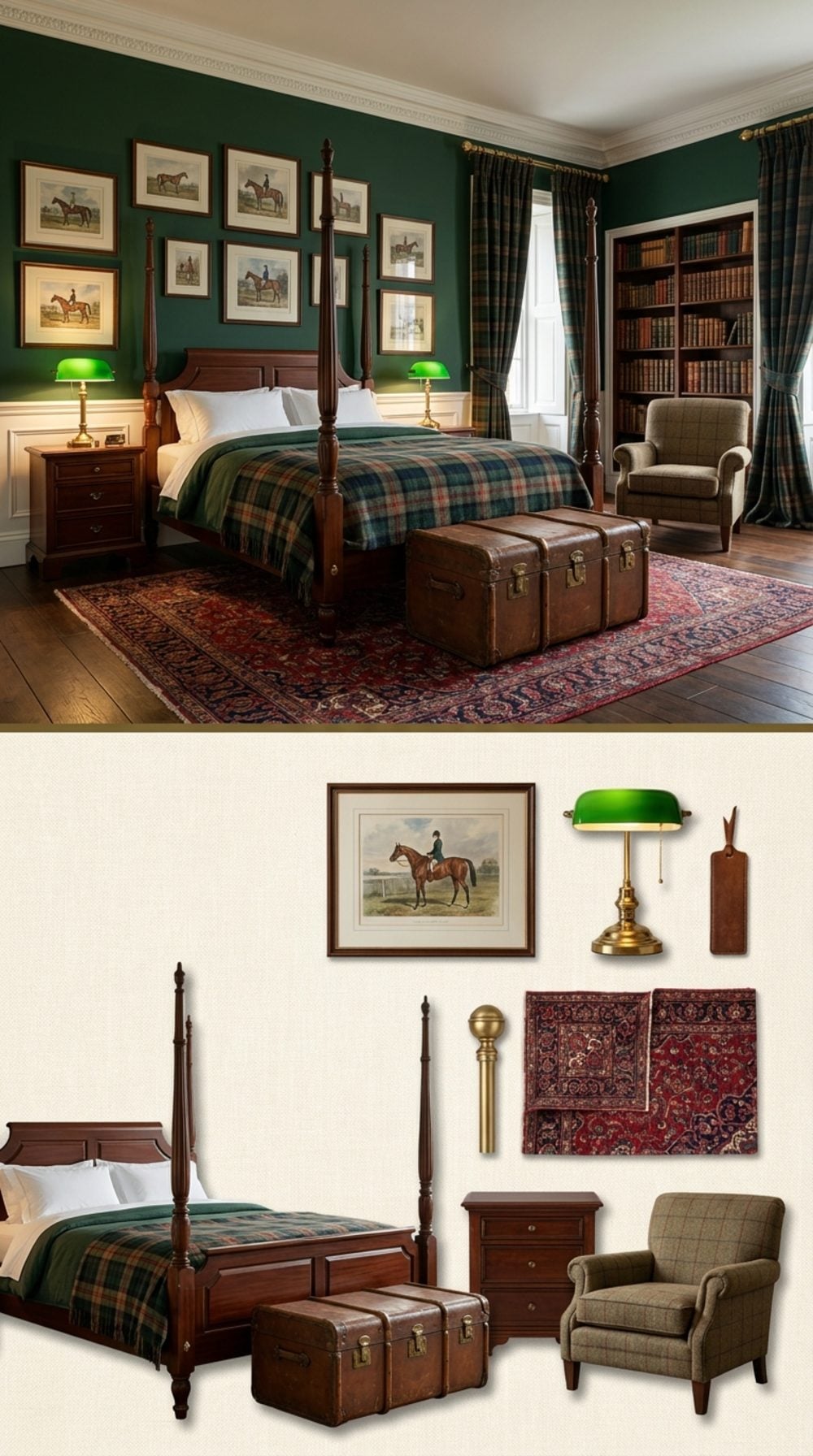 Equestrian English Country Bedroom with Racing Green Walls, Plaid Woolens, and Leather-Bound Trunks