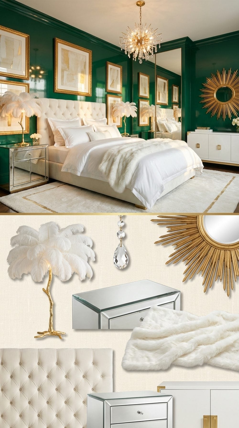 Hollywood Regency Master Bedroom with Malachite Green Walls, Mirrored Furniture, and White Ostrich Feather Accents