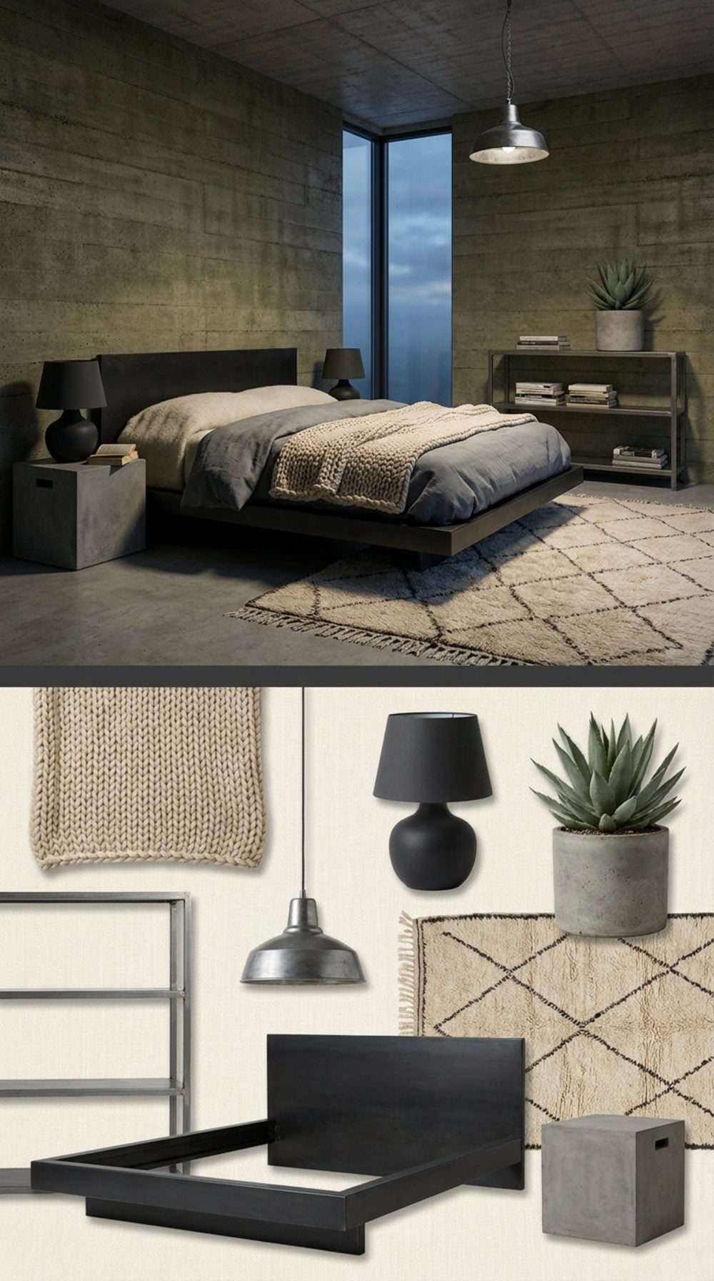 Brutalist Bedroom with Moss-Toned Concrete Walls, Steel Cantilevered Bed Frame, and Raw Wool Textiles
