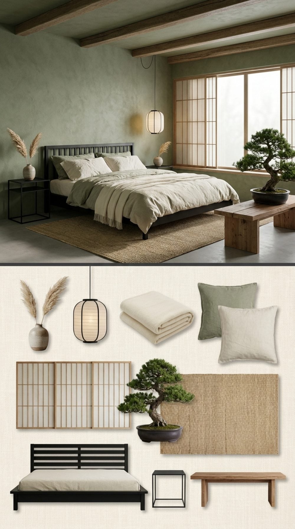 Japanese-Influenced Bedroom in Moss Green, Aged Cedar, and Black Lacquer