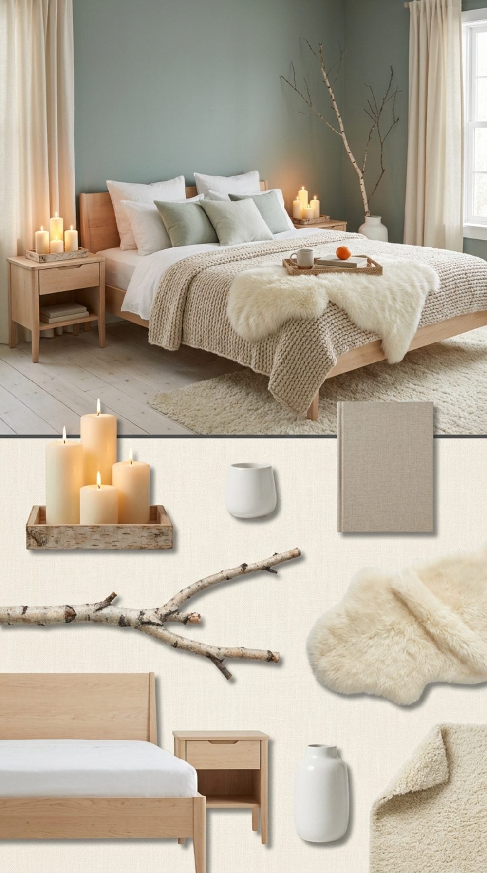 Scandinavian Hygge Bedroom in Spruce Green with Sheepskin Throws, Birch Furniture, and Candlelight