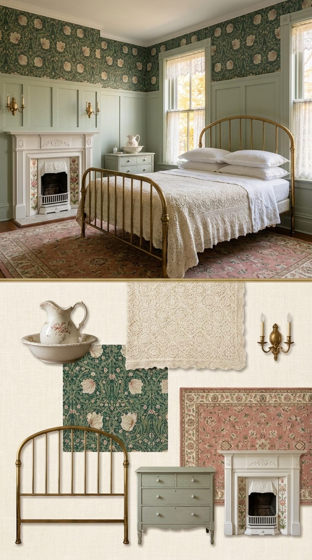Edwardian Guest Bedroom in Sage and Bottle Green with Brass Beds, Floral Wallpaper, and Lace Curtains