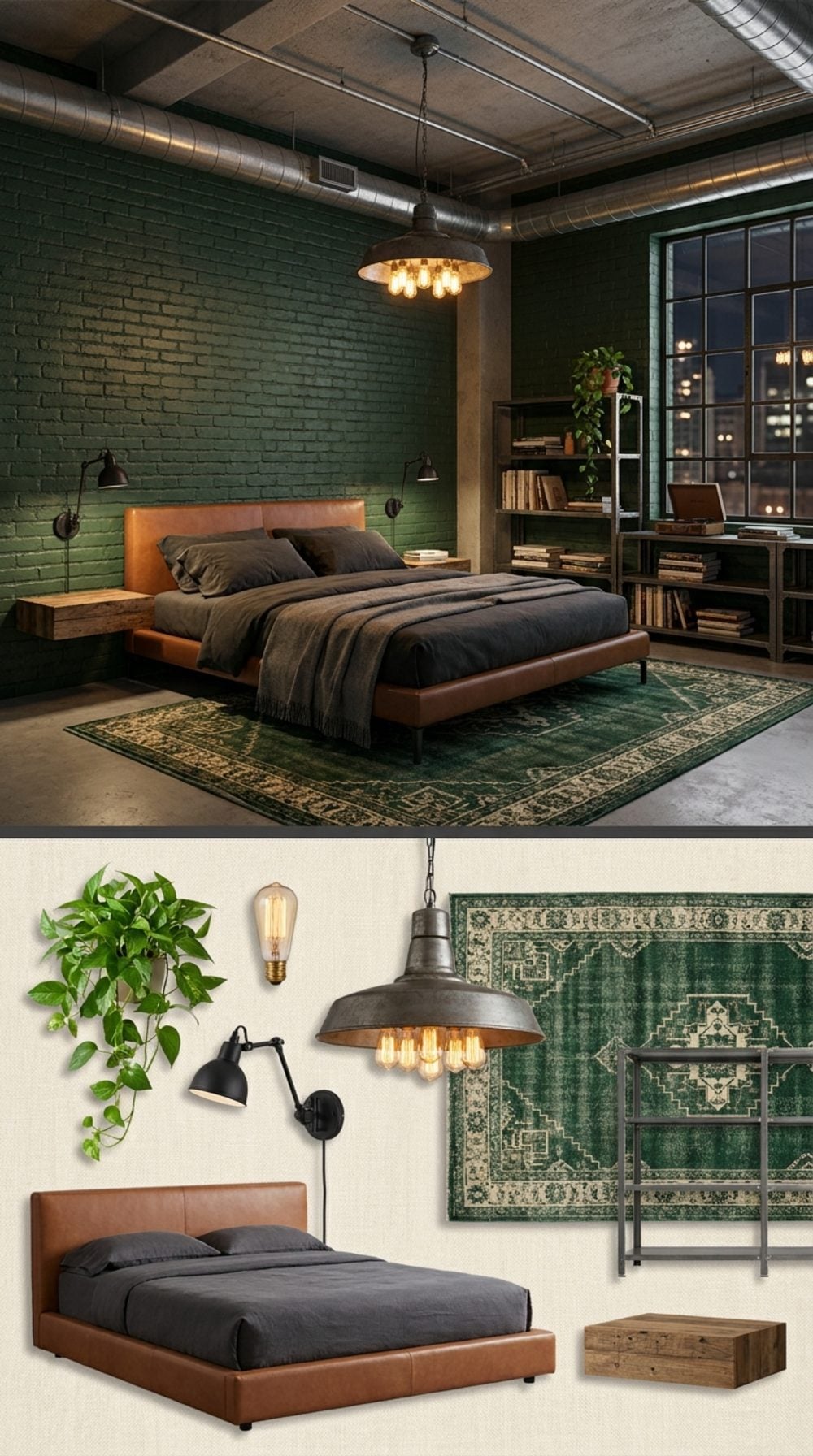 Urban Loft Bedroom with Painted Brick in Deep Forest Green, Exposed Ductwork, and Industrial Leather Platform Bed