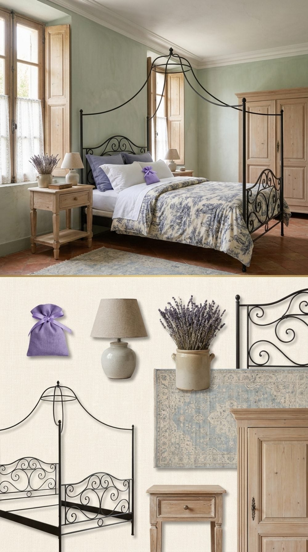Romantic Provençal Bedroom with Celadon Green Walls, Iron Canopy Bed, and Antique French Toile Linens