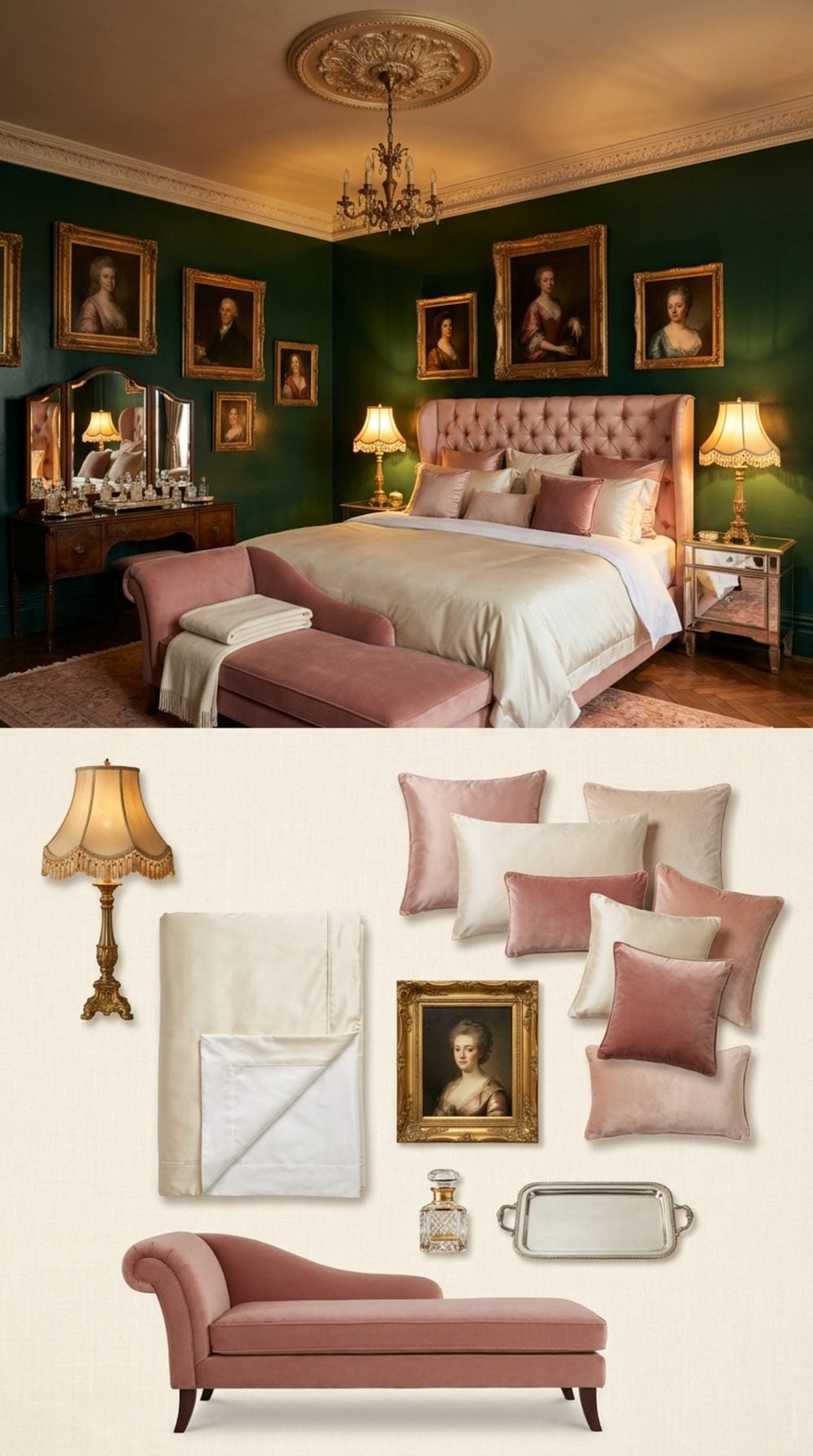 Moody Maximalist Boudoir in Bottle Green, Blush Satin, and Antique Gold