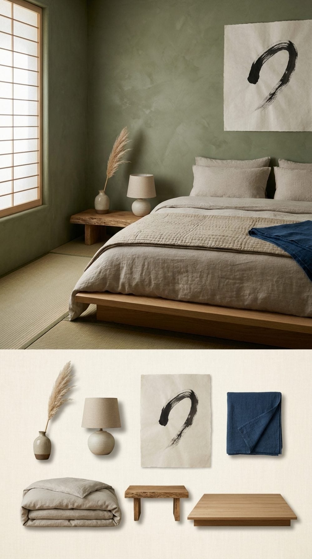 Japanese Wabi-Sabi Sanctuary with Moss Green Plaster Walls and Raw Linen